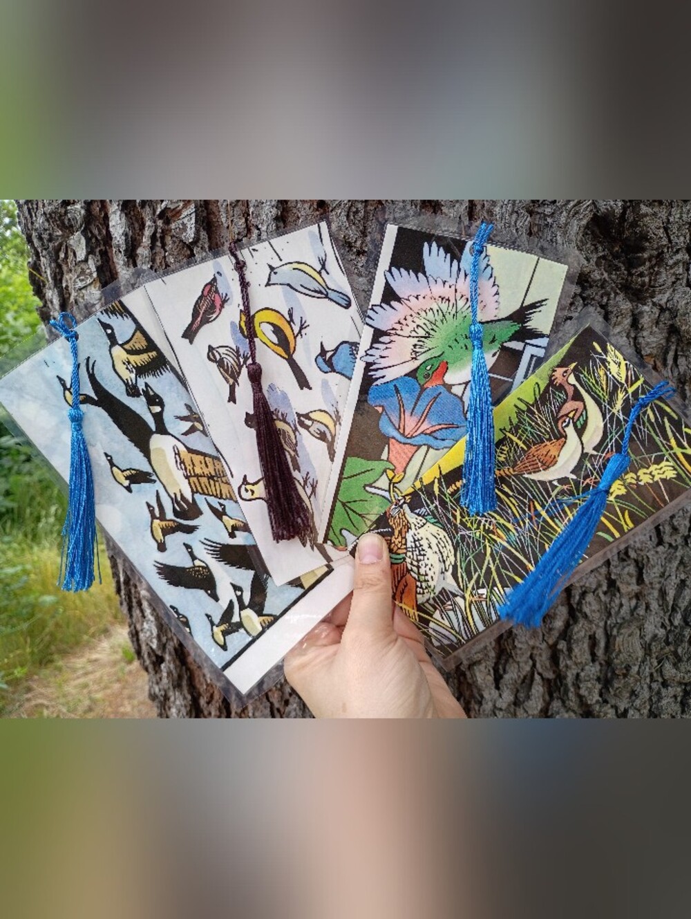 Free Bird-Themed Laminated Handmade Bookmarks with Tassels - Blue and Brown